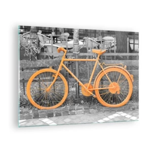 Cuadro sobre vidrio - Impresiones sobre Vidrio - Una ilustración de una bicicleta pintada de color naranja sobre un fondo blanco y negro. - 70x50cm - Sigue, yo esperaré aquí - Decoración de pared moderna para salón y dormitorio ARTTOR