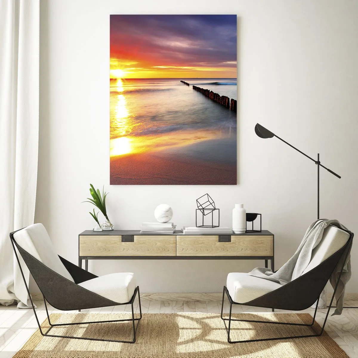 Cuadro sobre vidrio - Impresiones sobre Vidrio - Puesta de sol sobre el mar con rompeolas de madera - 50x70cm - Escuchar el silencio - Decoración de pared moderna para salón y dormitorio ARTTOR