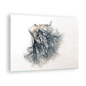 Cuadro sobre vidrio - Impresiones sobre Vidrio - Silueta de una mujer con ramas como cabello. - 70x50cm - Escuchando el susurro de un árbol - Decoración de pared moderna para salón y dormitorio ARTTOR