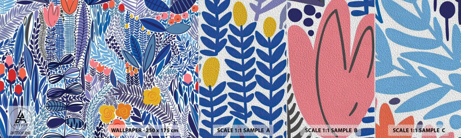 Muestra de fotomural Premium Sand - Jardín hawaiano - flores, Hojas, Prado - 100x30 cm