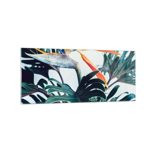 Cuadro sobre vidrio - Impresiones sobre Vidrio - Flor de Strelitzia rodeada de hojas bajo una luz brillante. - 120x50cm - La jaula del pájaro colorido - Decoración de pared moderna para salón y dormitorio ARTTOR
