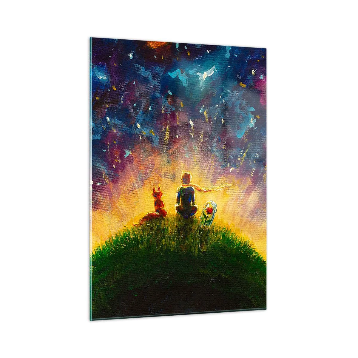 Cuadro sobre vidrio - Impresiones sobre Vidrio - Una figura con un zorro en un planeta bajo un cielo estrellado. - 50x70cm - Amor y amistad - lo único entero - Decoración de pared moderna para salón y dormitorio ARTTOR