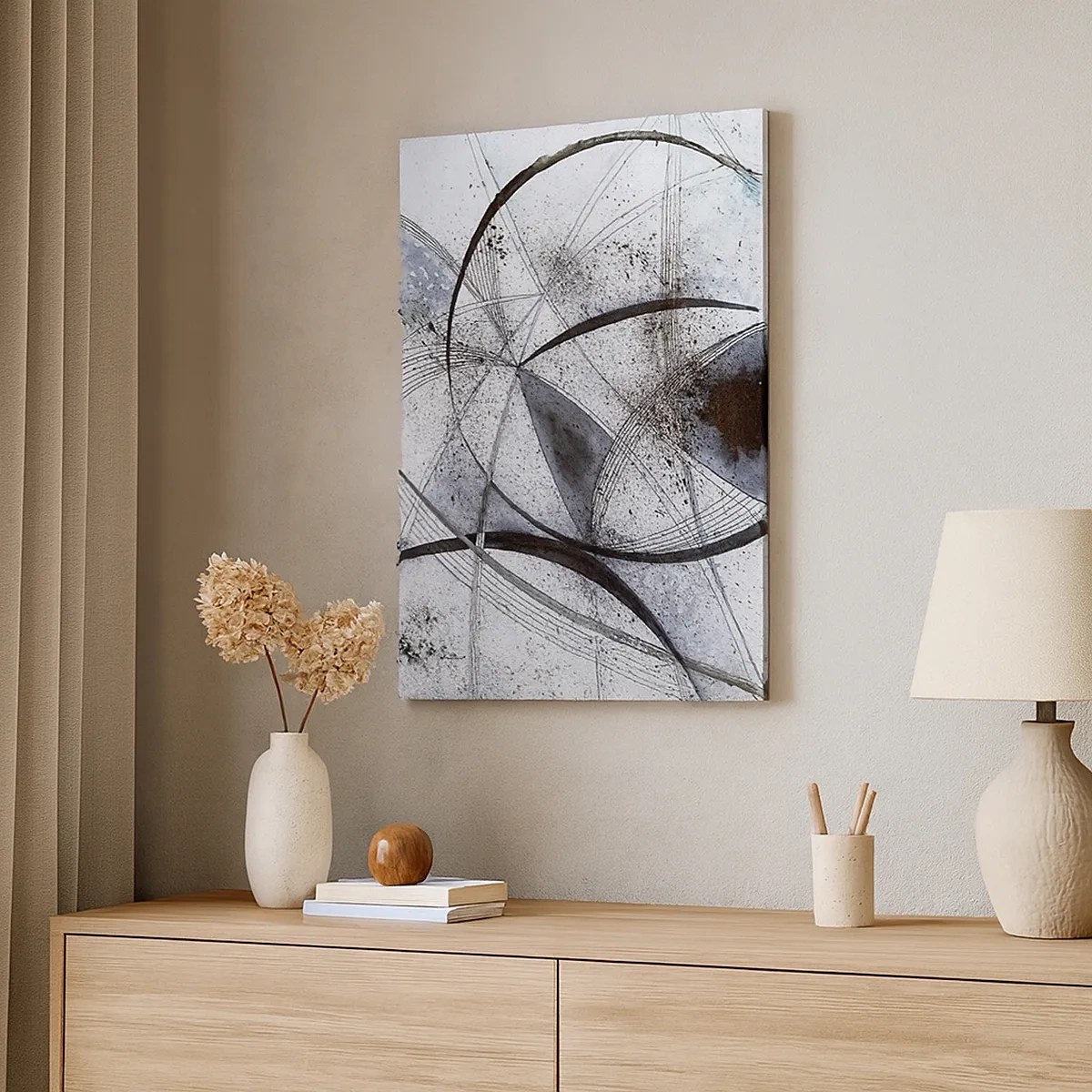 Cuadro sobre lienzo - Impresión de Imagen - Líneas y formas abstractas en tonos de gris y negro. - 50x70cm - Fantasía futurista - Decoración de pared moderna para salón y dormitorio ARTTOR