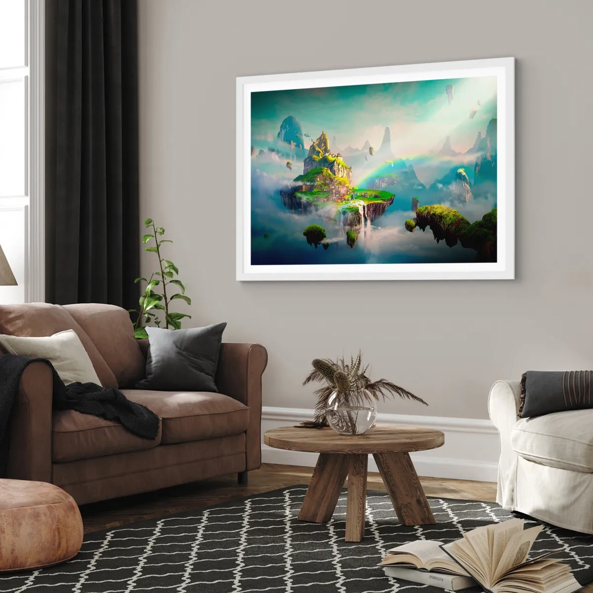 Póster en marco blanco - El medio de la nada - islas flotantes - 91x61 cm