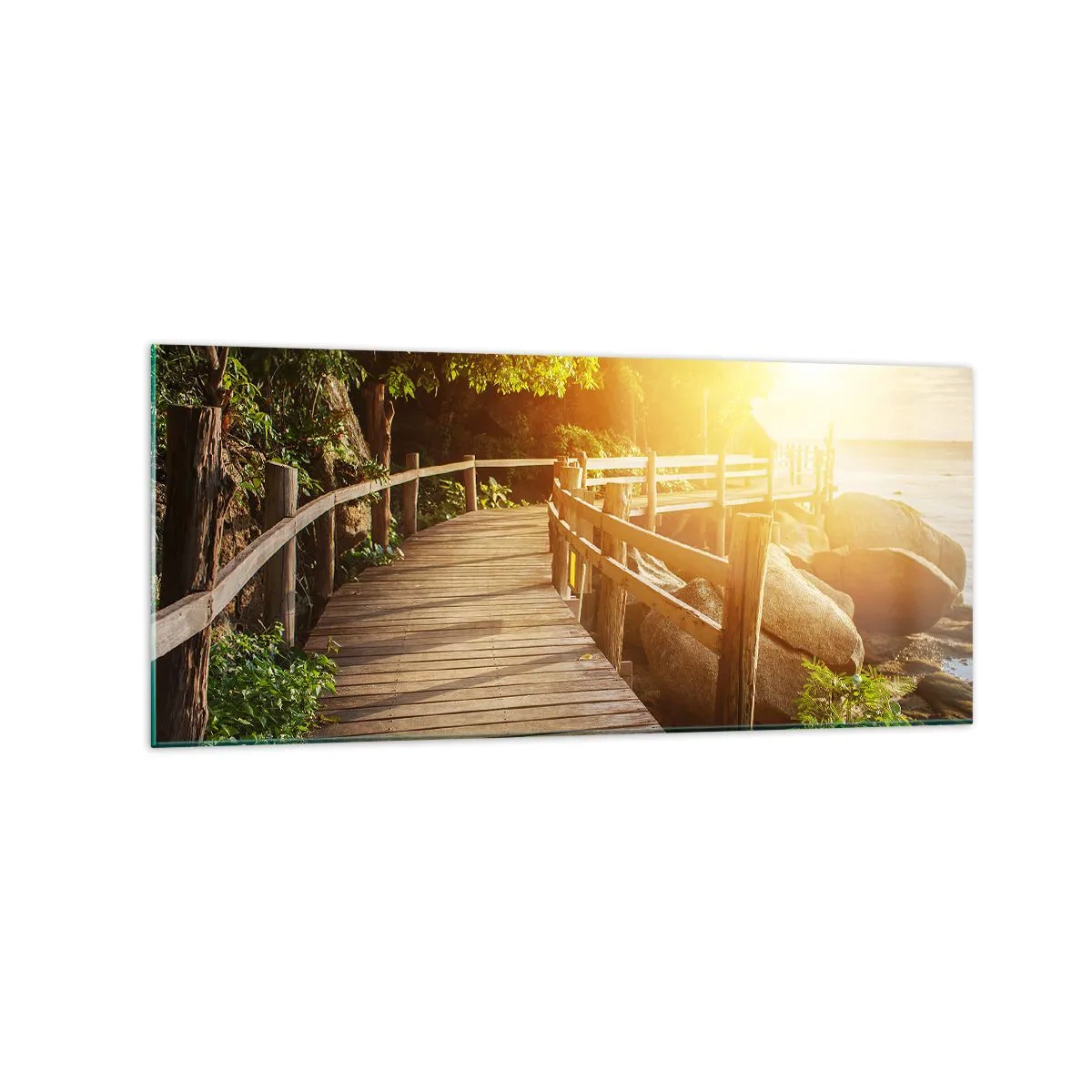 Cuadro sobre vidrio - Impresiones sobre Vidrio - Un puente de madera entre la vegetación que conduce al mar bajo los rayos del sol. - 120x50cm - Otra curva, otra maravilla - Decoración de pared moderna para salón y dormitorio ARTTOR