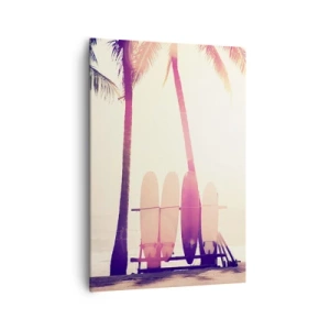 Cuadro sobre lienzo - Impresión de Imagen - Palmeras y tablas de surf en la playa bajo el sol. - 70x100cm - Va a ser un gran día - Decoración de pared moderna para salón y dormitorio ARTTOR