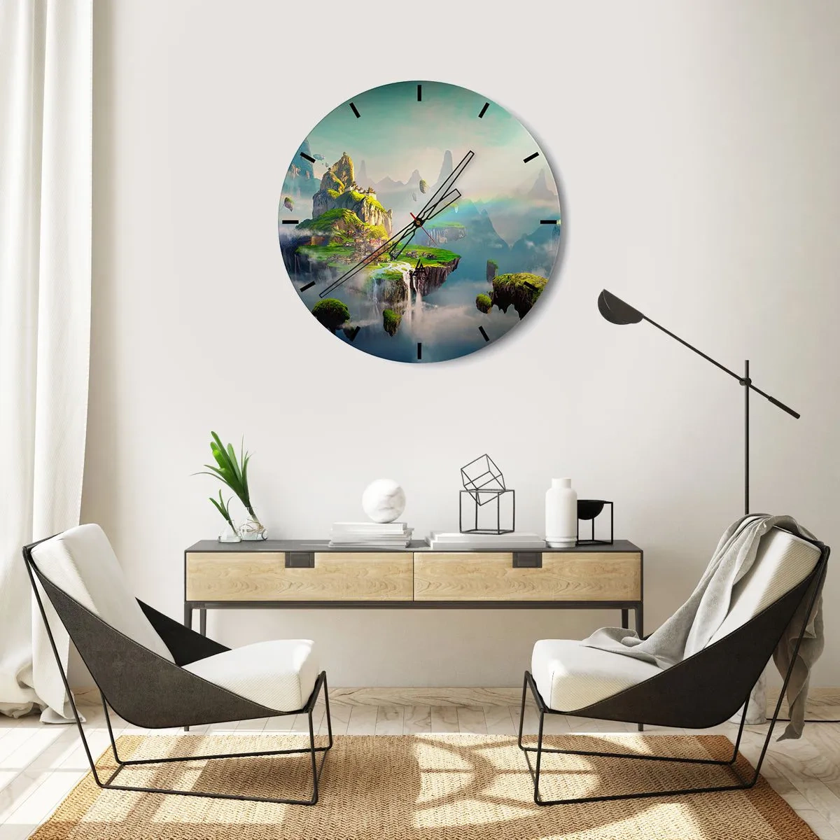 Reloj de pared - Reloj de vidrio - Islas colgantes con cascadas y exuberante vegetación entre las nubes - 30x30cm - El medio de la nada - islas flotantes - Decoración de pared moderna para salón, cocina y dormitorio ARTTOR