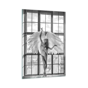 Cuadro sobre vidrio - Impresiones sobre Vidrio - Bailarina con alas de ángel en blanco y negro - 50x70cm - ¿Ciudad de los ángeles? - Decoración de pared moderna para salón y dormitorio ARTTOR