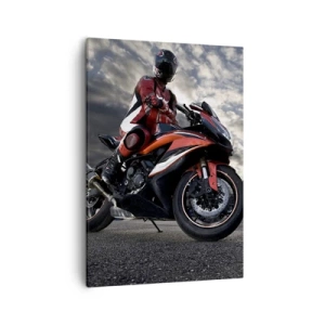 Cuadro sobre lienzo - Impresión de Imagen - Un motociclista en una motocicleta deportiva contra un cielo nublado. - 50x70cm - Motorista oscuro - Decoración de pared moderna para salón y dormitorio ARTTOR