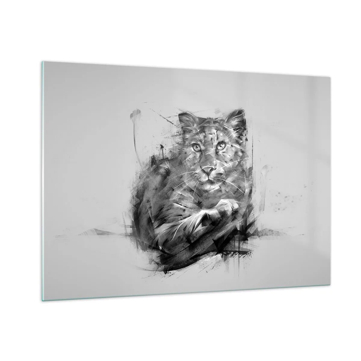Cuadro sobre vidrio - Impresiones sobre Vidrio - Un dibujo de un tigre en estilo monocromático sobre un fondo claro. - 100x70cm - Sí, estoy escuchando - Decoración de pared moderna para salón y dormitorio ARTTOR