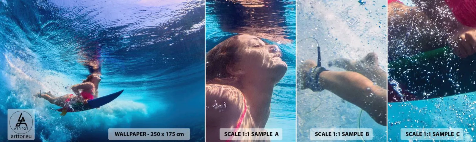 Muestra de fotomural autoadhesivo Deluxe Sticker - La profundidad de la alegría - Surf, Mujer, Deporte - 100x30 cm