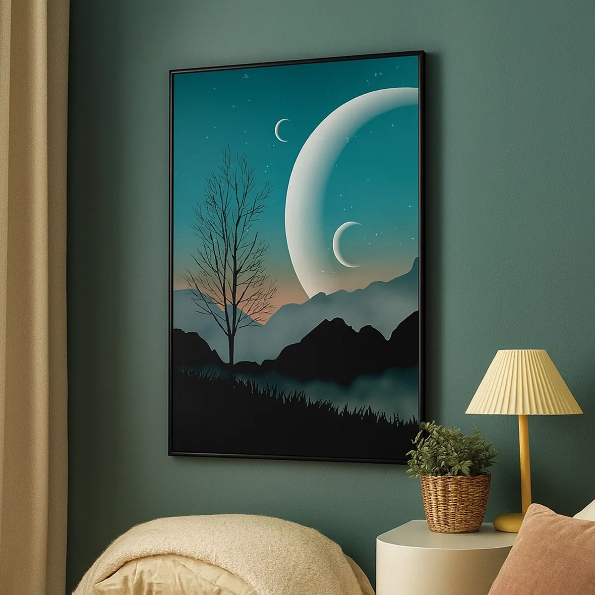 Cuadro sobre lienzo - Impresión de Imagen - Montañas brumosas con la luna y un árbol solitario. - 50x70cm - Un carnaval de noche estrellada - Decoración de pared moderna para salón y dormitorio ARTTOR
