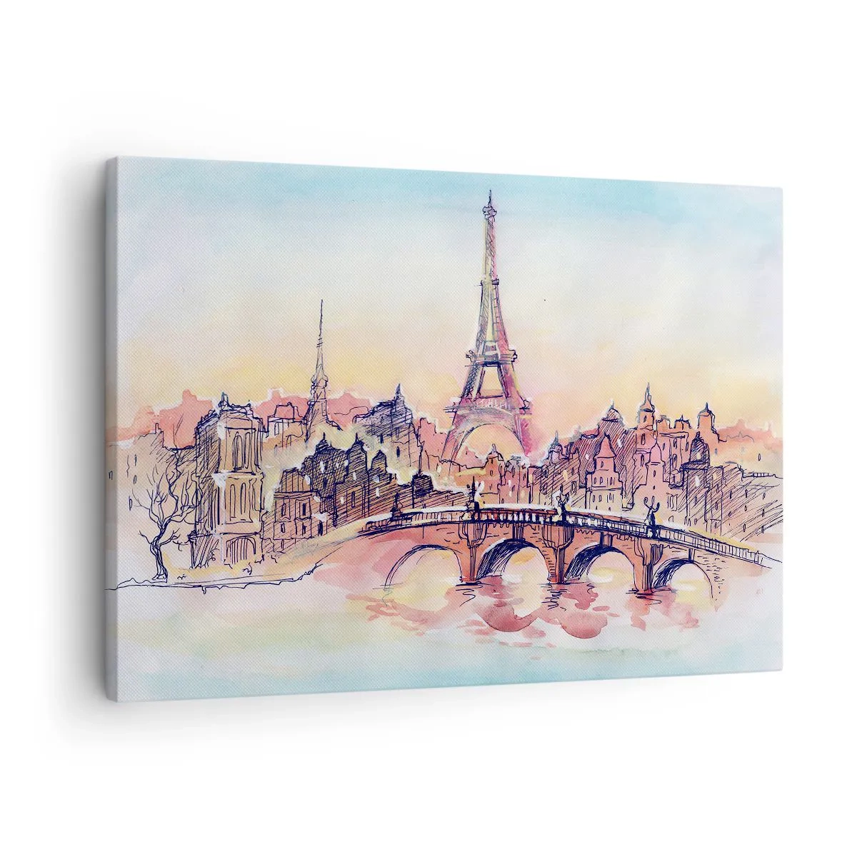Cuadro sobre lienzo - Impresión de Imagen - Panorama de acuarela de París con la Torre Eiffel al atardecer - 70x50cm - Única en el mundo - Decoración de pared moderna para salón y dormitorio ARTTOR