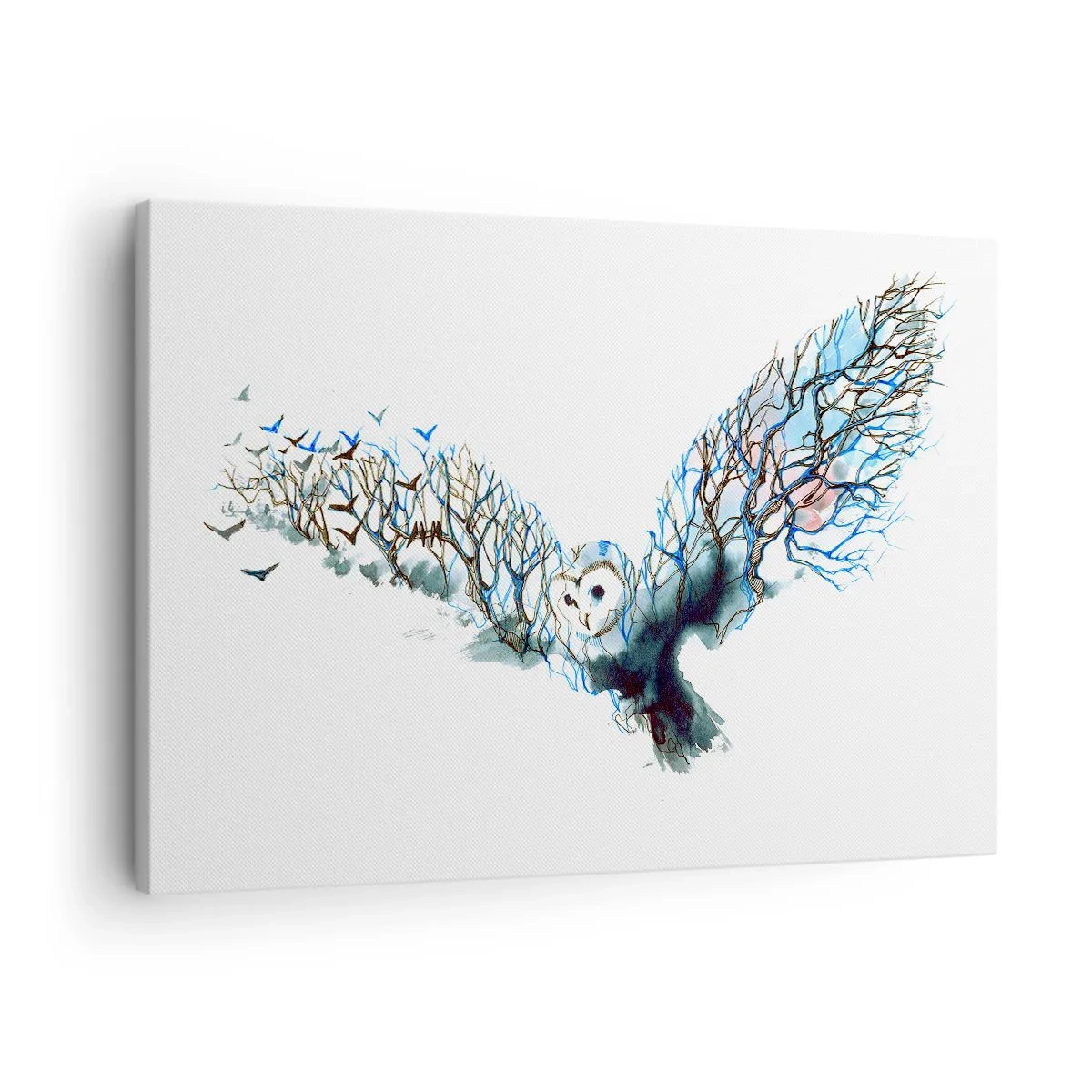 Cuadro sobre lienzo - Impresión de Imagen - Gráfico artístico de un búho con las alas extendidas. - 70x50cm - En las alas del bosque - Decoración de pared moderna para salón y dormitorio ARTTOR