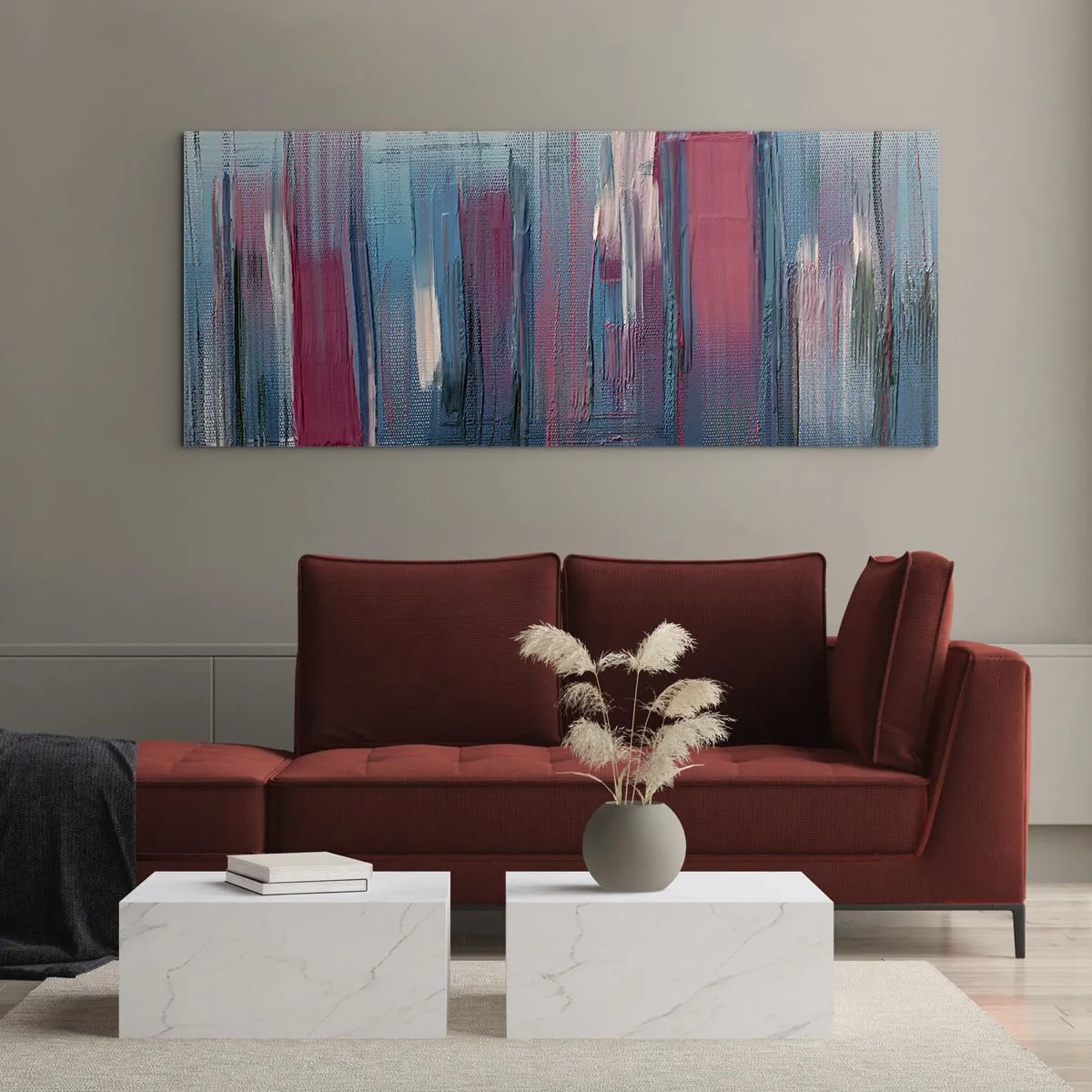 Cuadro sobre vidrio - Impresiones sobre Vidrio - Composición vertical en azul y rojo - 100x40 cm