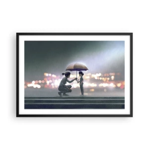 Póster en marco negro - Una figura con un paraguas protegiendo a un niño contra el fondo de luces nocturnas. - 70x50cm - Y todo está bien - Decoración de pared moderna para salón y dormitorio ARTTOR