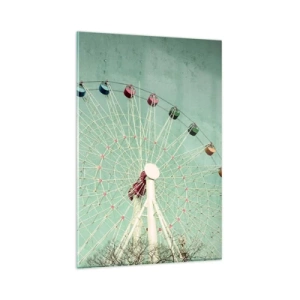 Cuadro sobre vidrio - Impresiones sobre Vidrio - Una noria colorida contra un cielo azul en estilo retro. - 80x120cm - Te invitamos a jugar - Decoración de pared moderna para salón y dormitorio ARTTOR