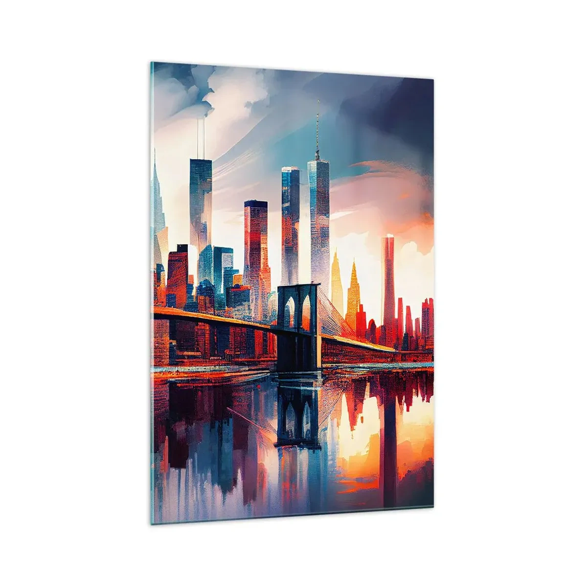 Cuadro sobre vidrio - Impresiones sobre Vidrio - Panorama de la ciudad de Nueva York con puente y reflejo en el agua - 70x100cm - Nueva York siempre luce - Decoración de pared moderna para salón y dormitorio ARTTOR