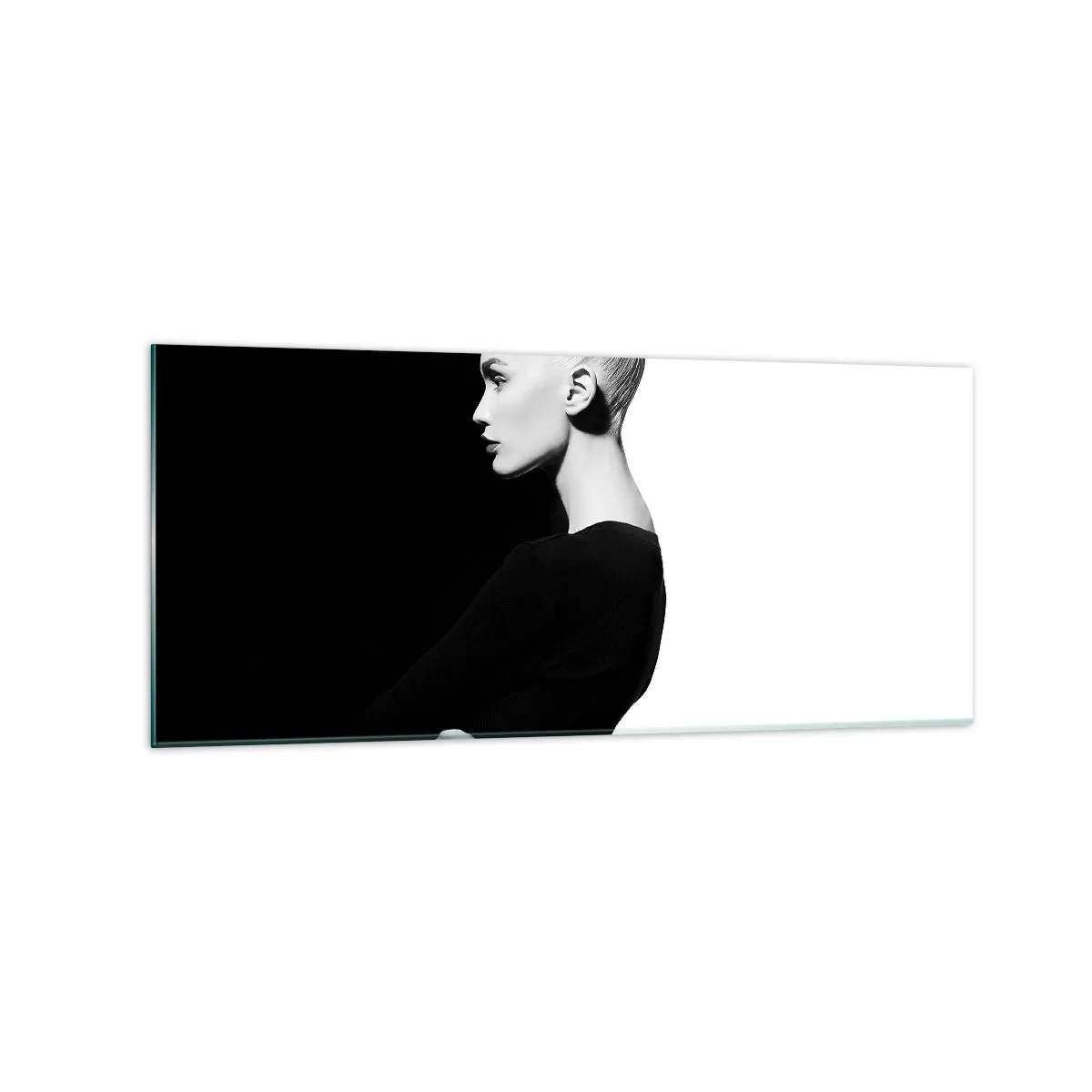 Cuadro sobre vidrio - Impresiones sobre Vidrio - Retrato elegante de una mujer sobre un fondo blanco y negro. - 120x50cm - Simplemente femenina - Decoración de pared moderna para salón y dormitorio ARTTOR