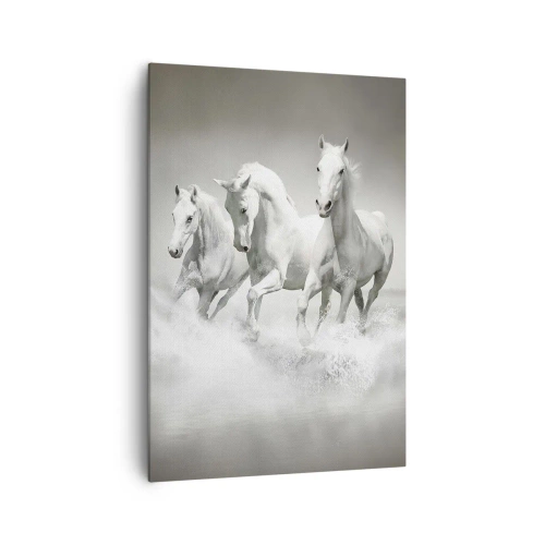 Cuadro sobre lienzo - Impresión de Imagen - Tres caballos blancos galopando por el agua - 70x100cm - Locura blanca - Decoración de pared moderna para salón y dormitorio ARTTOR