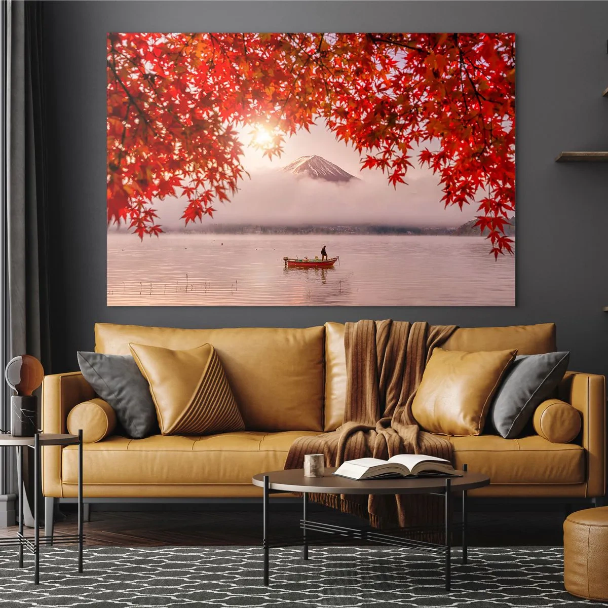 Cuadro sobre vidrio - Impresiones sobre Vidrio - Monte Fuji con un barco en un lago rodeado de hojas rojas - 70x50cm - Estilo japonés - Decoración de pared moderna para salón y dormitorio ARTTOR