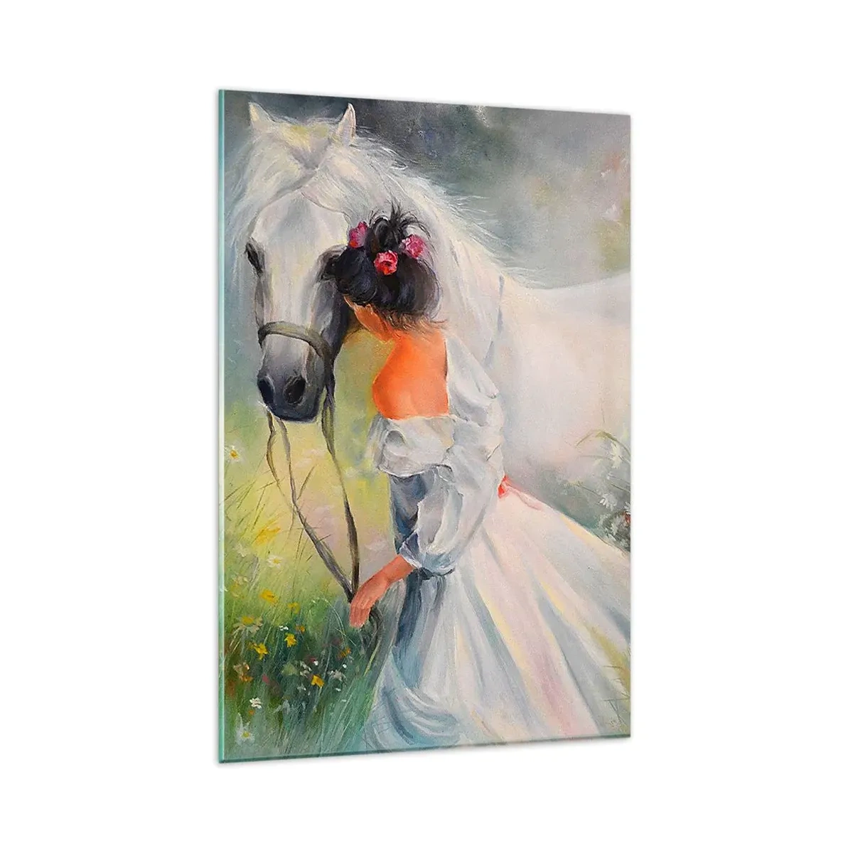 Cuadro sobre vidrio - Impresiones sobre Vidrio - Una mujer con un caballo blanco en un entorno pintoresco. - 80x120cm - Como si de un hermoso sueño se tratara - Decoración de pared moderna para salón y dormitorio ARTTOR
