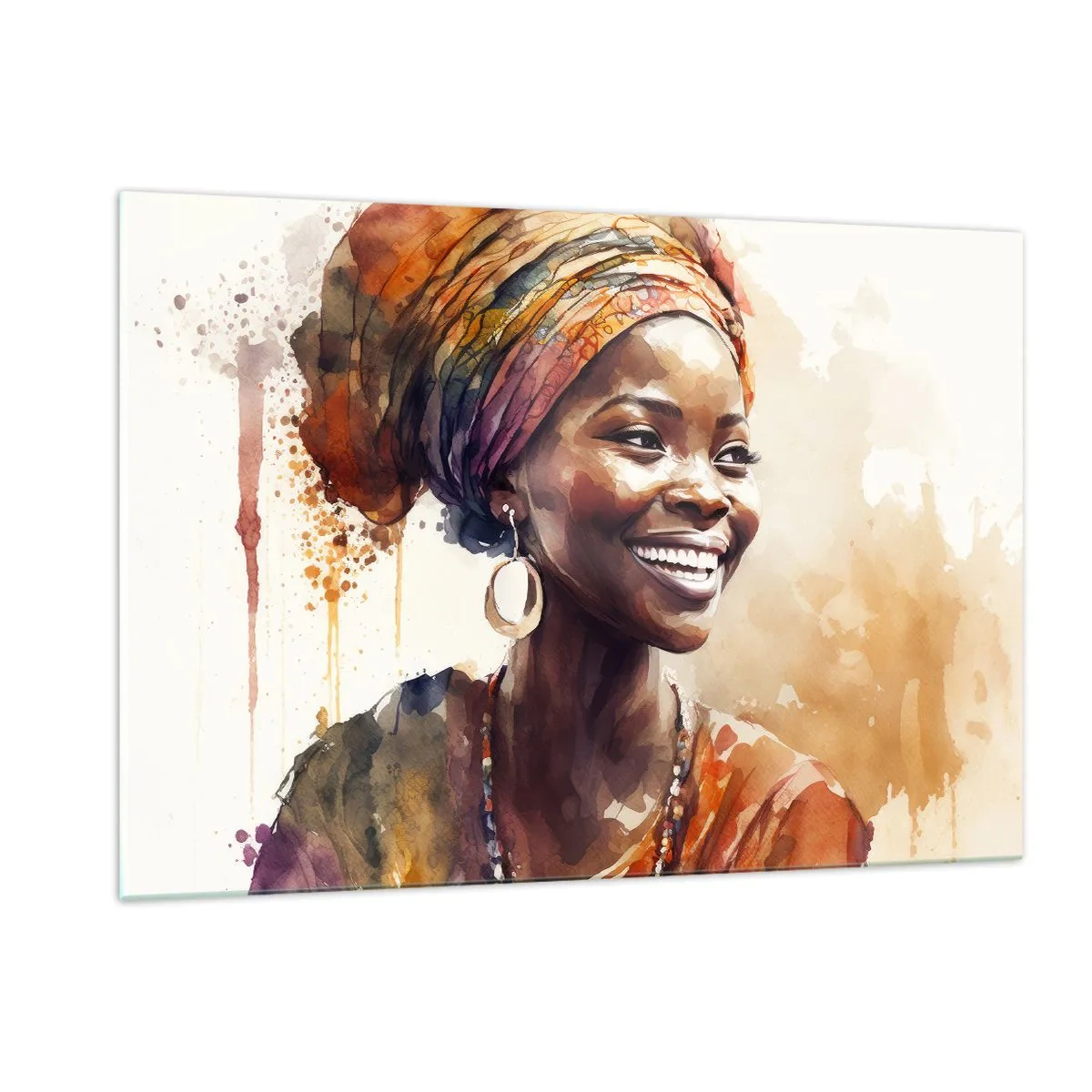Cuadro sobre vidrio - Impresiones sobre Vidrio - Retrato en acuarela de una mujer sonriente con turbante. - 120x80cm - Reina africana - Decoración de pared moderna para salón y dormitorio ARTTOR