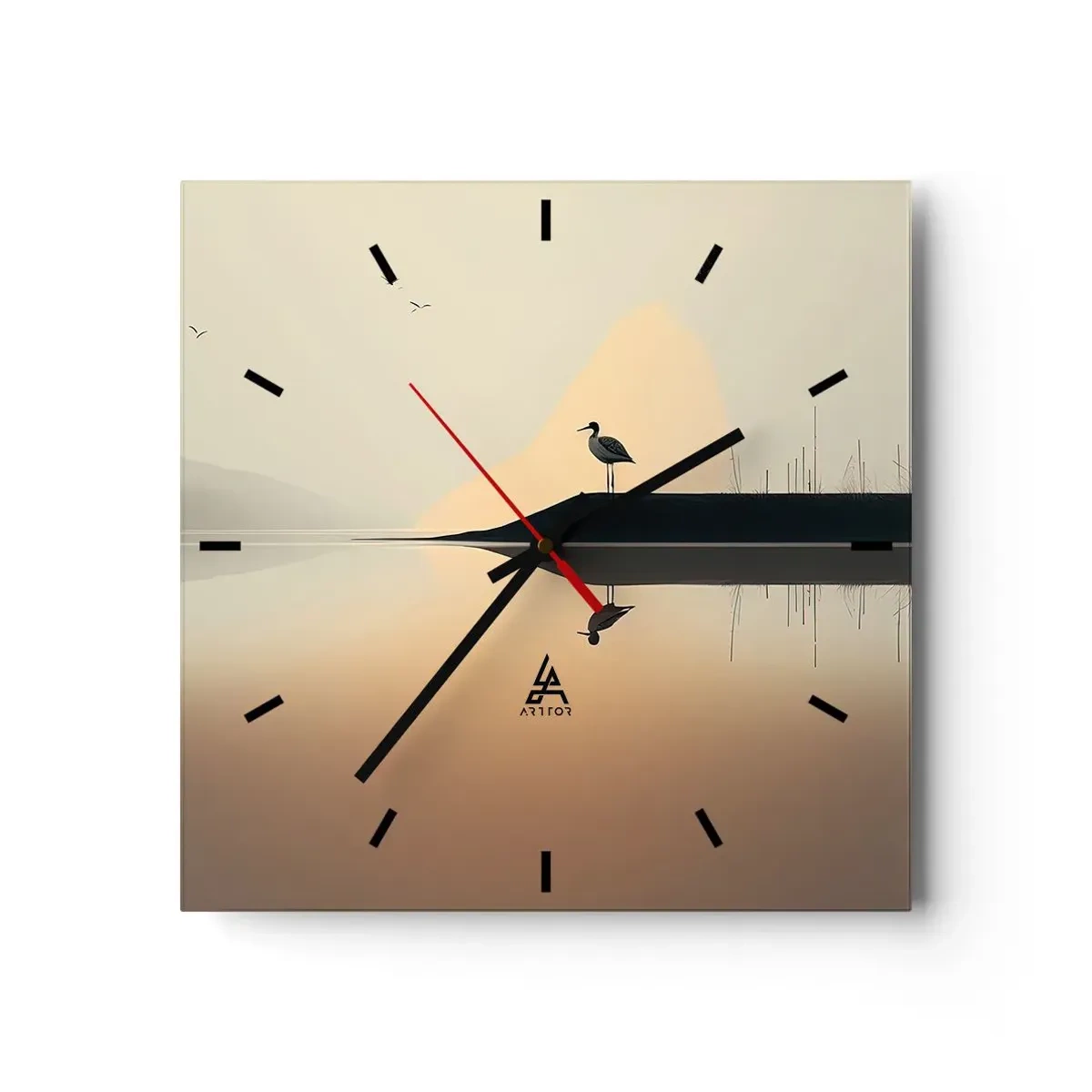 Reloj de pared - Reloj de vidrio - Un pájaro en una isla en un lago tranquilo con tonos cálidos. - 30x30cm - Un caballero en el lago - Decoración de pared moderna para salón y dormitorio ARTTOR