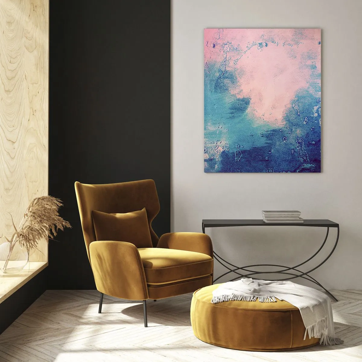 Cuadro sobre vidrio - Impresiones sobre Vidrio - Una combinación abstracta de azul y rosa empolvado con textura. - 50x70cm - Abrazo azul - Decoración de pared moderna para salón y dormitorio ARTTOR