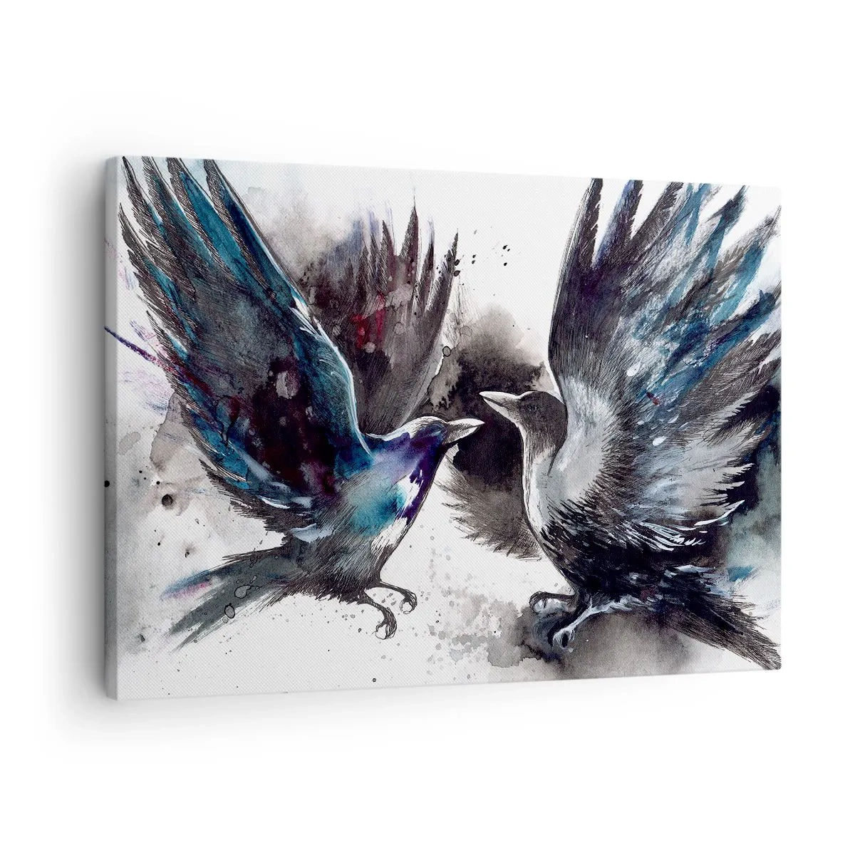 Cuadro sobre lienzo - Impresión de Imagen - Cuervos artísticos en una composición dinámica de acuarela. - 70x50cm - De cuervo a cuervo... - Decoración de pared moderna para salón y dormitorio ARTTOR