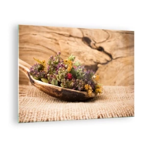 Cuadro sobre vidrio - Impresiones sobre Vidrio - Hierbas secas en una cuchara de madera sobre un fondo rústico. - 70x50cm - Flores coloridas y hierbas aromáticas - Decoración de pared moderna para salón y dormitorio ARTTOR