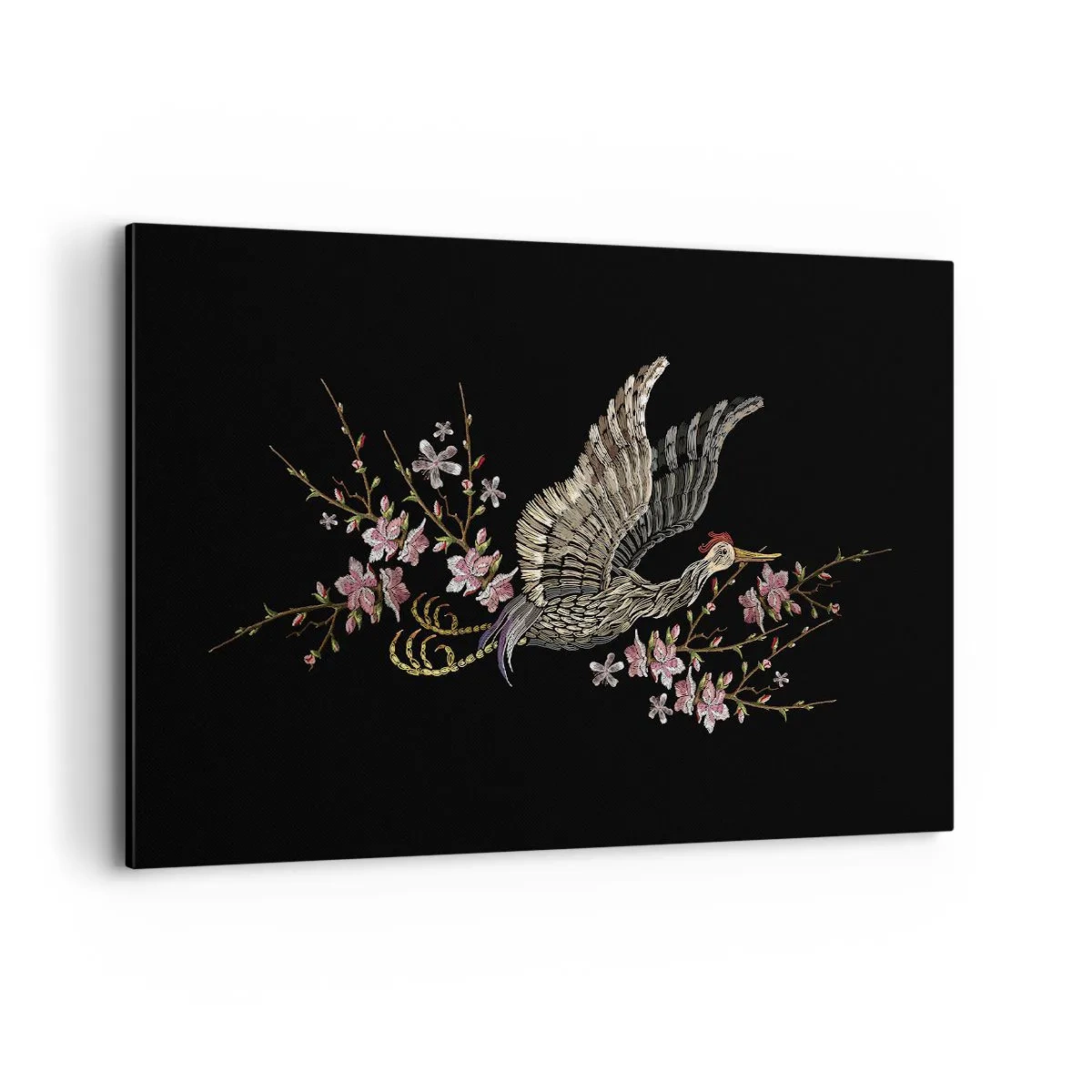 Cuadro sobre lienzo - Impresión de Imagen - Un pájaro en vuelo con flores sobre un fondo negro. - 120x80cm - Ave florida - Decoración de pared moderna para salón y dormitorio ARTTOR