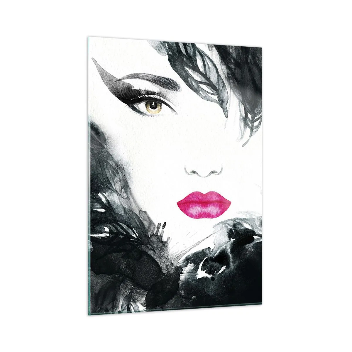 Cuadro sobre vidrio - Impresiones sobre Vidrio - Retrato de una mujer con labios rosados y acentos negros. - 50x70cm - ¡Cuidado! Femme fatale - Decoración de pared moderna para salón y dormitorio ARTTOR