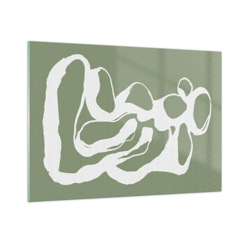 Cuadro sobre vidrio - Impresiones sobre Vidrio - Forma orgánica abstracta blanca sobre un fondo oliva - 100x70cm - La llamada del espacio - Decoración de pared moderna para salón y dormitorio ARTTOR