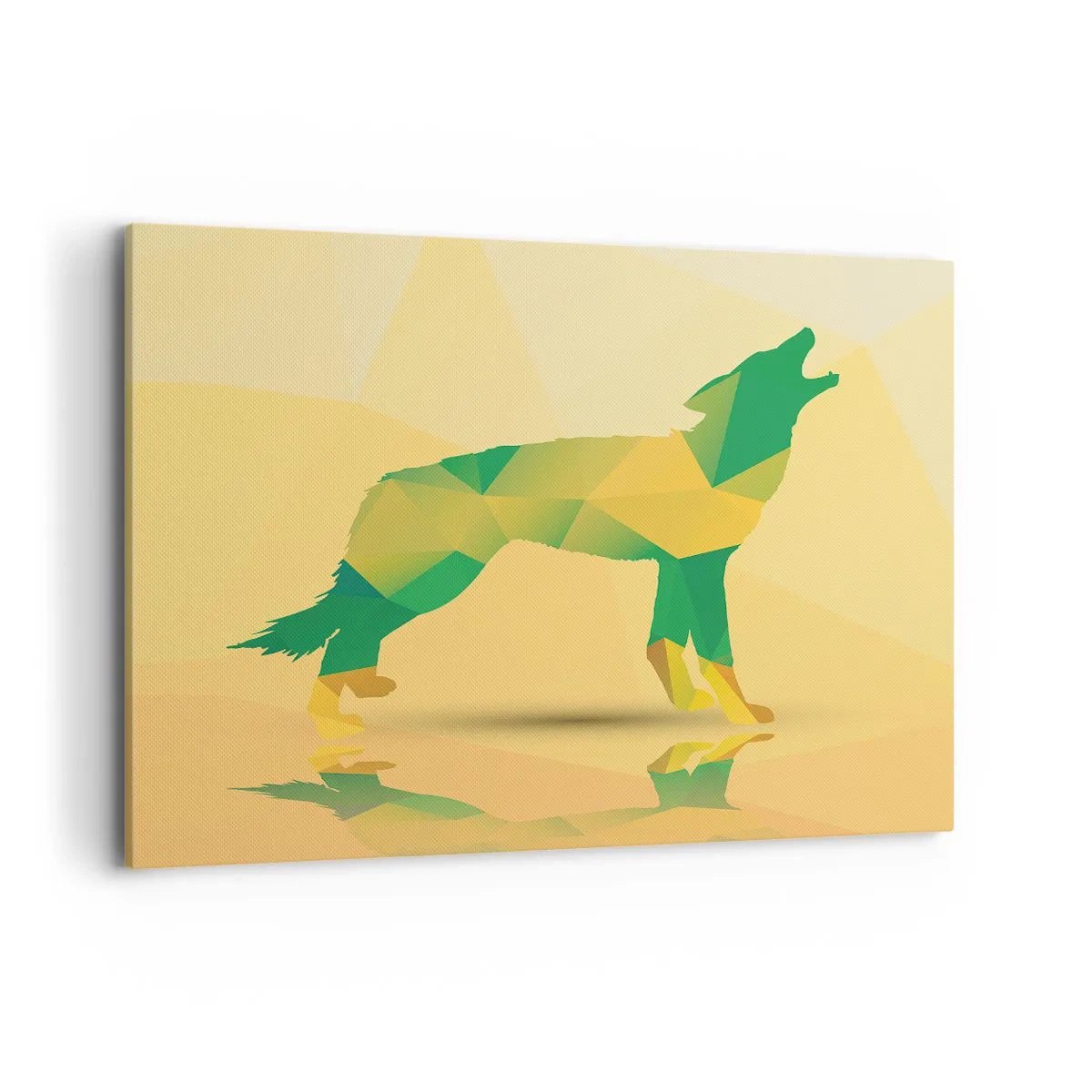 Cuadro sobre lienzo - Impresión de Imagen - Silueta geométrica de lobo en tonos verdes y amarillos. - 120x80cm - Lobo solitario - Decoración de pared moderna para salón y dormitorio ARTTOR