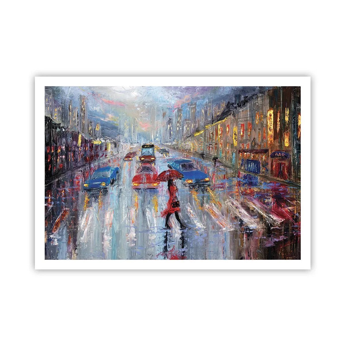 Póster - Una mujer con un paraguas en una calle lluviosa bajo la luz de neón. - 100x70cm - Una tarde de lluvia en la ciudad - Decoración de pared moderna para salón y dormitorio ARTTOR