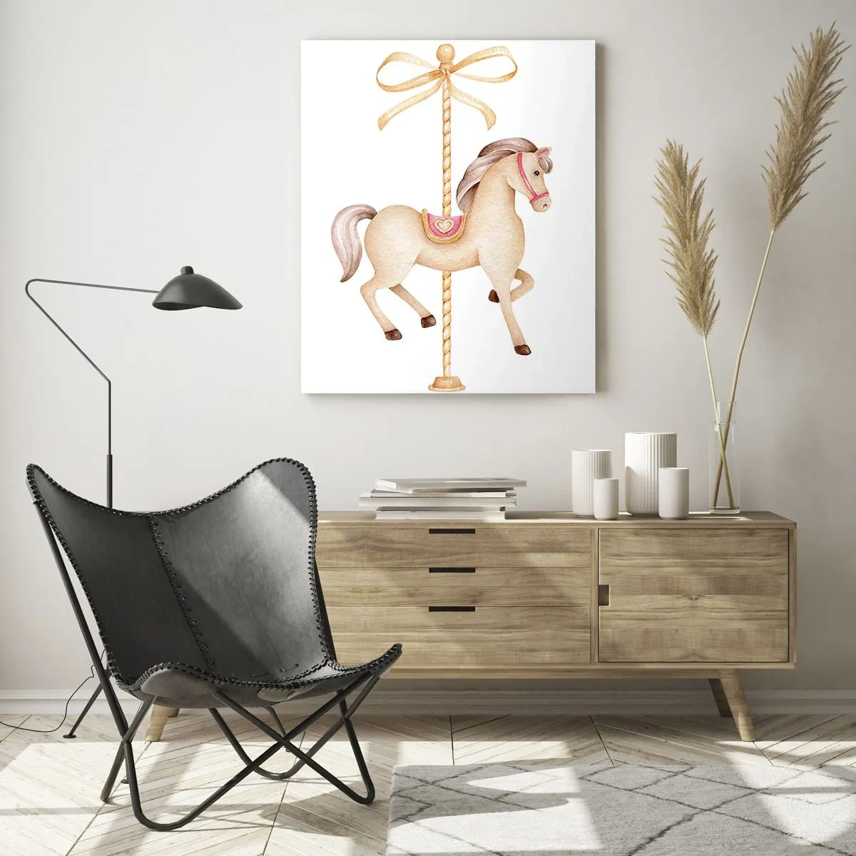 Cuadro sobre vidrio - Impresiones sobre Vidrio - Un caballo de carrusel con un arco en delicados pasteles. - 70x100cm - Al trote grácil - Decoración de pared moderna para salón y dormitorio ARTTOR