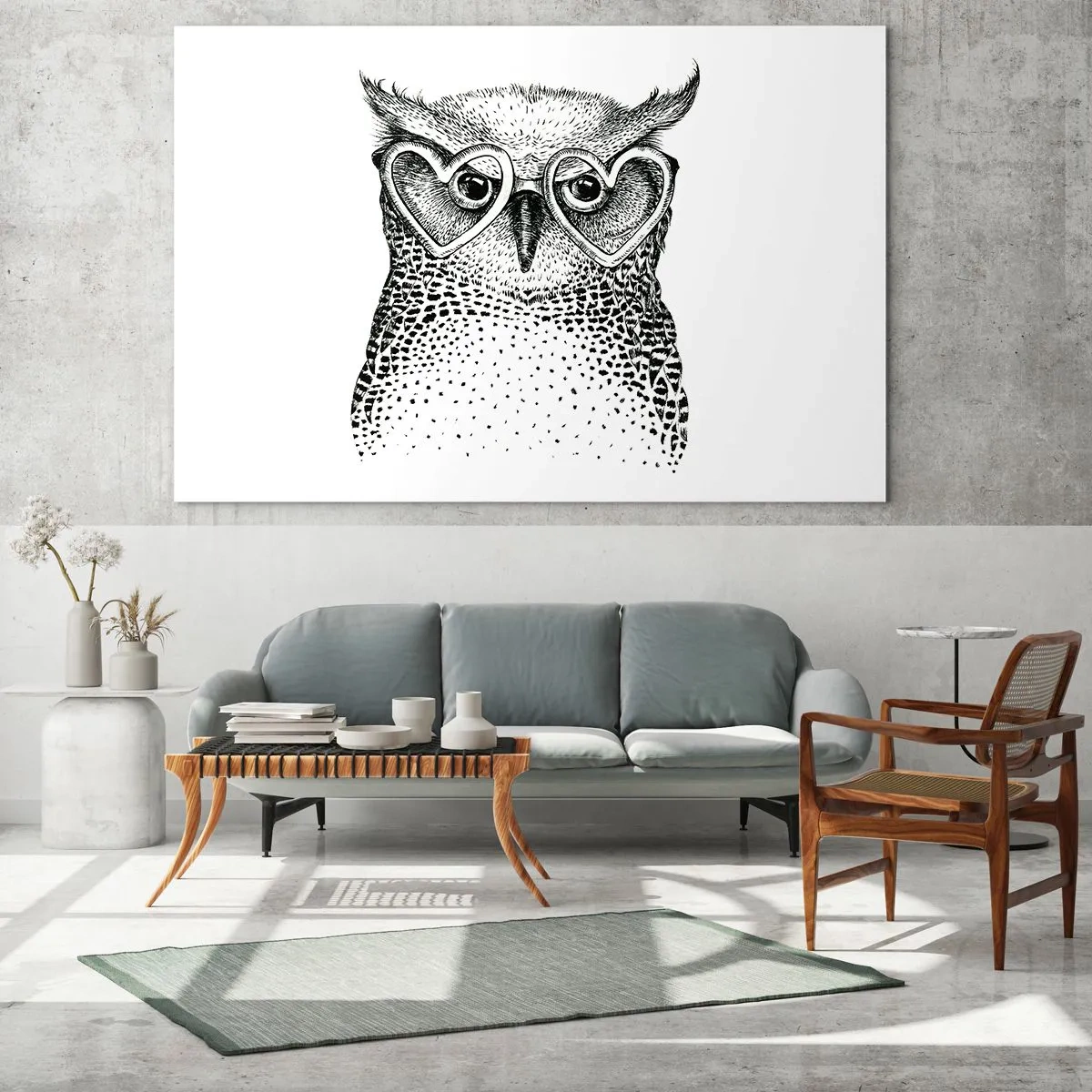Cuadro sobre vidrio - Impresiones sobre Vidrio - Ilustración de un búho con gafas en forma de corazón - 100x70cm - Con sabiduría y amor - Decoración de pared moderna para salón y dormitorio ARTTOR