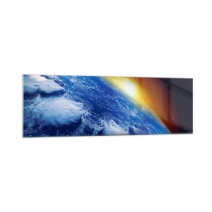 Cuadro sobre vidrio - Impresiones sobre Vidrio - Vista de la Tierra desde el espacio al atardecer - 160x50cm - Amanecer en un planeta azul - Decoración de pared moderna para salón y dormitorio ARTTOR