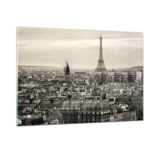 Cuadro sobre vidrio - Impresiones sobre Vidrio - Un panorama de París con vista a la Torre Eiffel en tonos sepia. - 120x80cm - Sobre los tejados de París - Decoración de pared moderna para salón y dormitorio ARTTOR