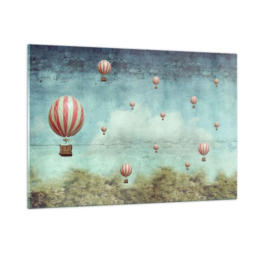 Cuadro sobre vidrio - Impresiones sobre Vidrio - Globos flotando sobre un paisaje verde. - 120x80cm - Libre del ajetreo de la vida - Decoración de pared moderna para salón y dormitorio ARTTOR