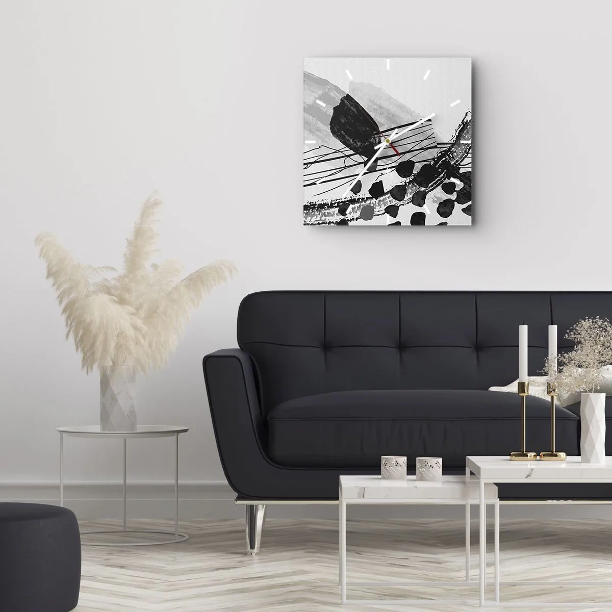 Reloj de pared - Reloj de vidrio - Composición abstracta en blanco y negro con formas orgánicas. - 30x30cm - Abstracción orgánica en blanco y negro - Decoración de pared moderna para salón y dormitorio ARTTOR