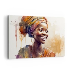 Cuadro sobre lienzo - Impresión de Imagen - Retrato de una mujer sonriente con una bufanda colorida en acuarela - 120x80cm - Reina africana - Decoración de pared moderna para salón y dormitorio ARTTOR