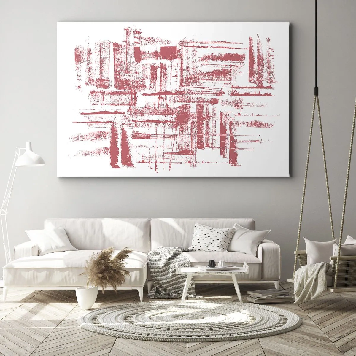 Cuadro sobre lienzo - Impresión de Imagen - Texturas abstractas de color rosa sobre fondo blanco - 70x50cm - Ciudad roja - Decoración de pared moderna para salón y dormitorio ARTTOR