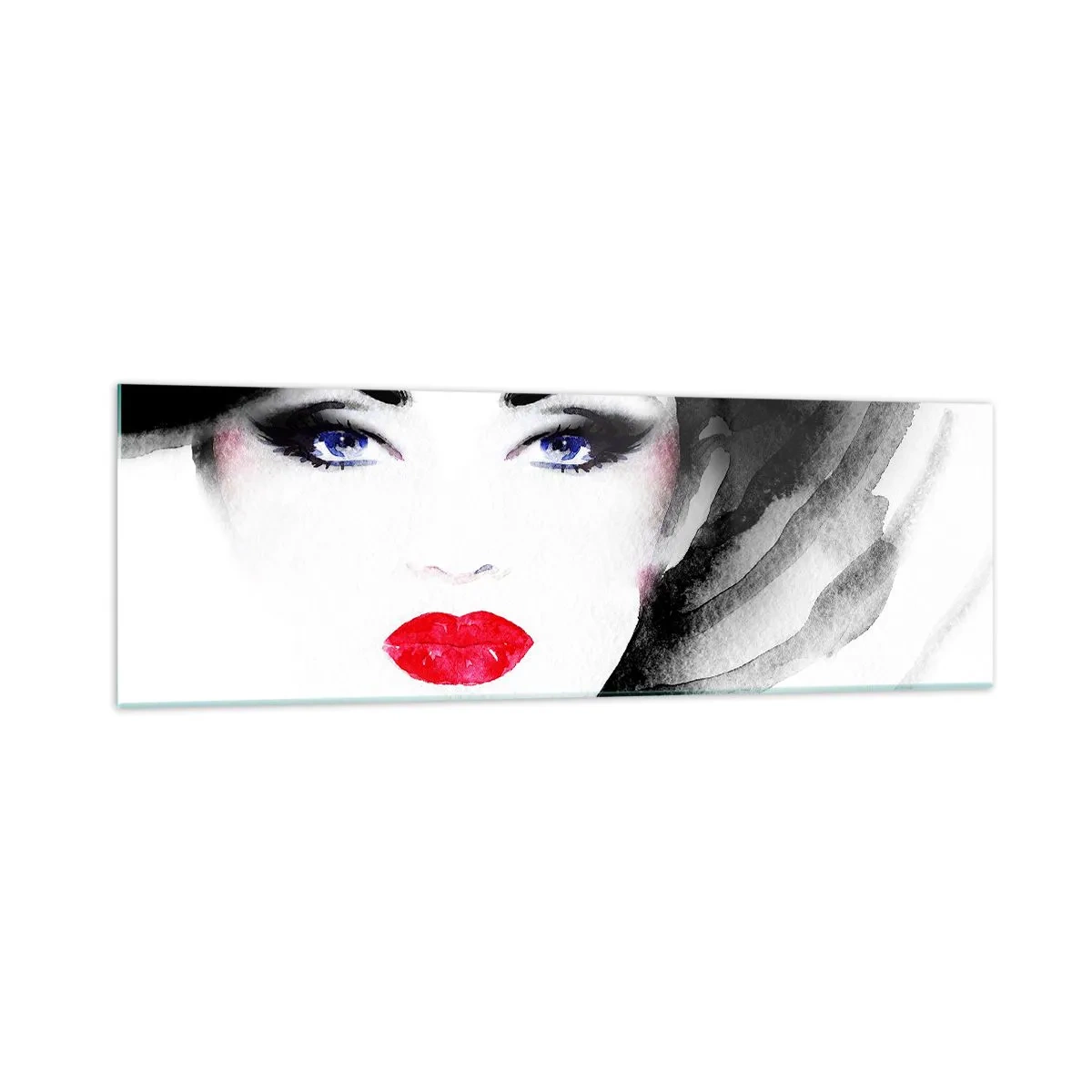 Cuadro sobre vidrio - Impresiones sobre Vidrio - Retrato de una mujer con labios rojos y ojos azules intensos. - 160x50cm - Lenguaje no verbal - Decoración de pared moderna para salón y dormitorio ARTTOR