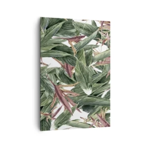 Cuadro sobre lienzo - Impresión de Imagen - Un motivo decorativo de hojas en tonos verdes y burdeos sobre un fondo claro. - 70x100cm - Naturaleza esmeralda y lila - Decoración de pared moderna para salón y dormitorio ARTTOR