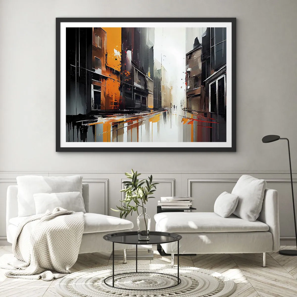 Póster en marco negro - Vista abstracta de una calle de la ciudad bajo la lluvia - 70x50cm - Día lluvioso - Decoración de pared moderna para salón y dormitorio ARTTOR