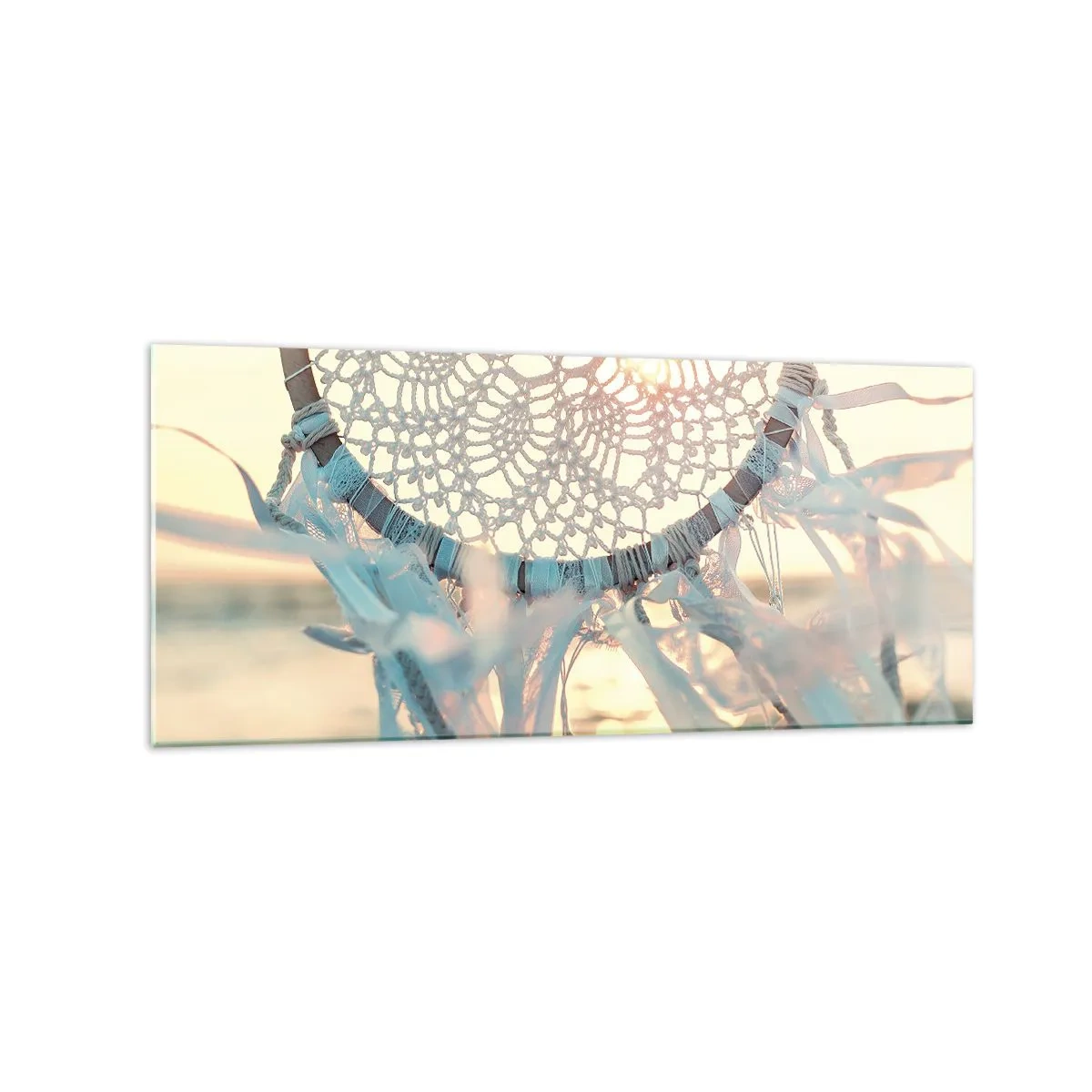 Cuadro sobre vidrio - Impresiones sobre Vidrio - Un delicado atrapasueños con el sol poniente como telón de fondo. - 120x50cm - Tótem sagrado - Decoración de pared moderna para salón y dormitorio ARTTOR