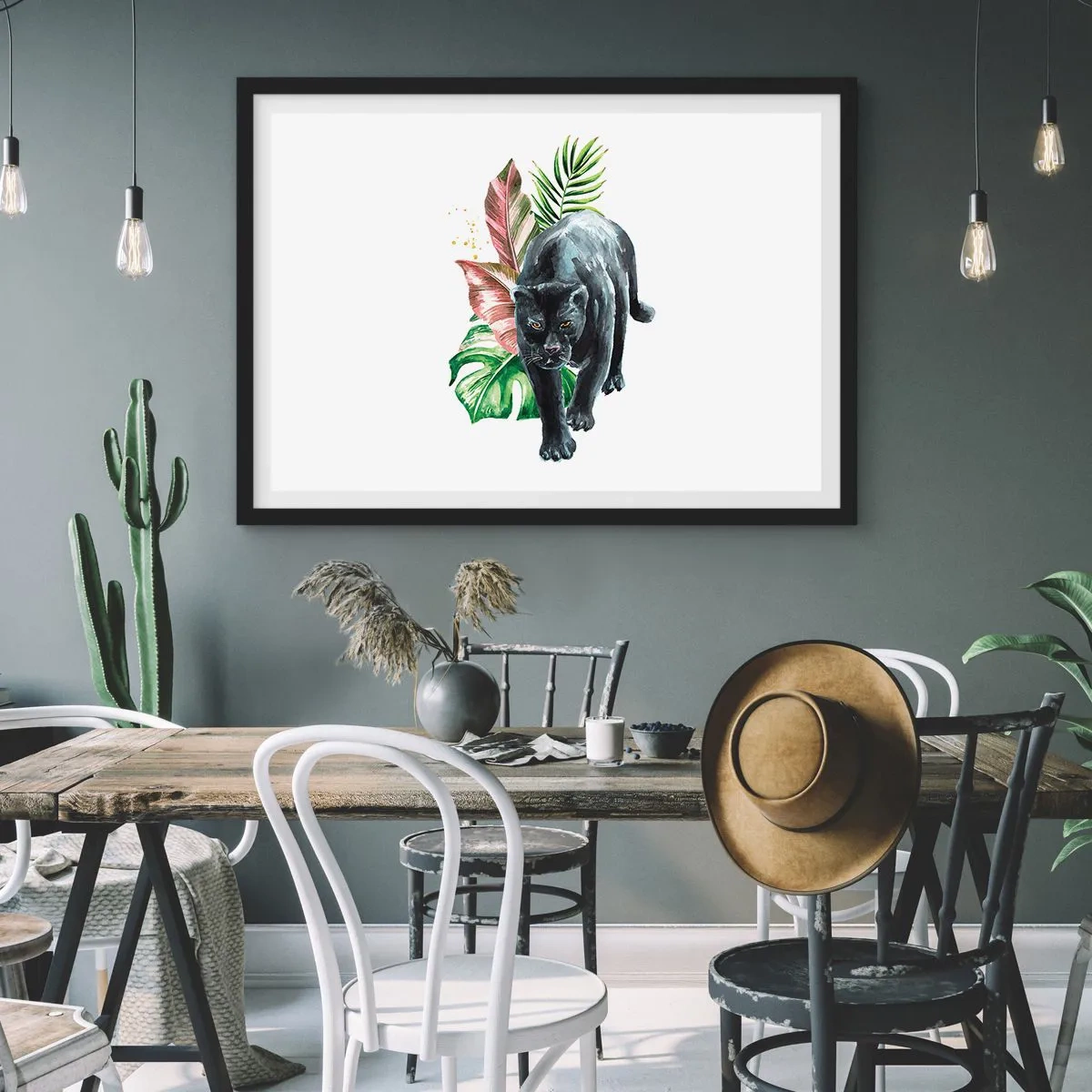 Póster en marco negro - Pantera negra rodeada de hojas tropicales - 100x70cm - Salvaje de corazón - Decoración de pared moderna para salón y dormitorio ARTTOR