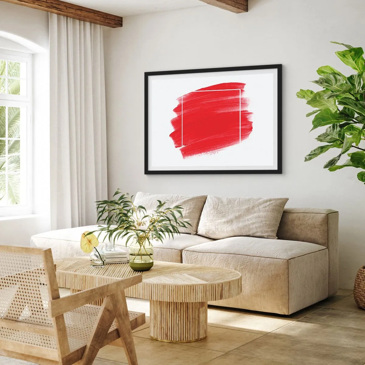 Póster en marco negro - Trazo de pincel rojo con borde blanco - 100x70cm - Fuera del marco - Decoración de pared moderna para salón y dormitorio ARTTOR